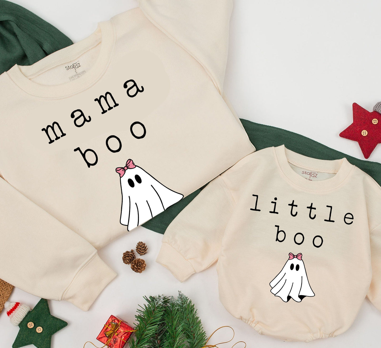 Matching Mama Little Boo Family Halloween Sweatshirts Cute Ghost Pink Bow Design, Cozy Fall Mommy and Me Outfits for All Ages and Gifting