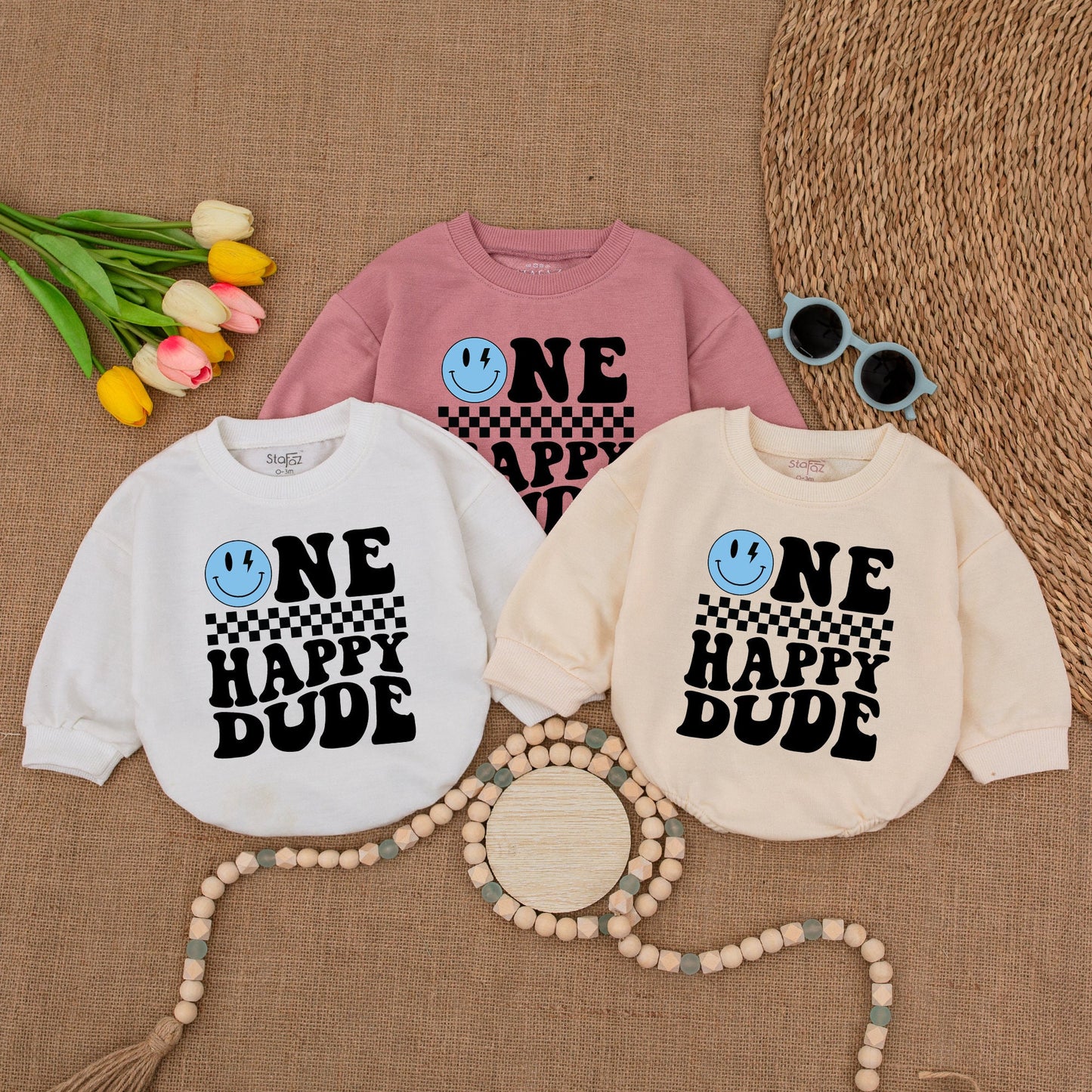 Personalized Blue One Happy Dude Romper Custom Name Smiley Face Birthday Outfit for Baby Boys First Birthday Celebration Cake Smash