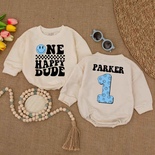 Personalized Blue One Happy Dude Romper Custom Name Smiley Face Birthday Outfit for Baby Boys First Birthday Celebration Cake Smash