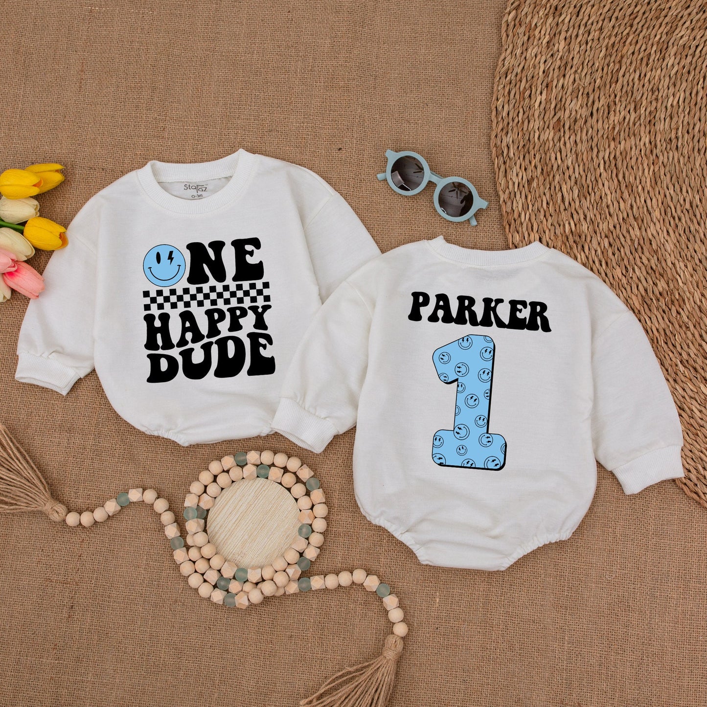 Personalized Blue One Happy Dude Romper Custom Name Smiley Face Birthday Outfit for Baby Boys First Birthday Celebration Cake Smash