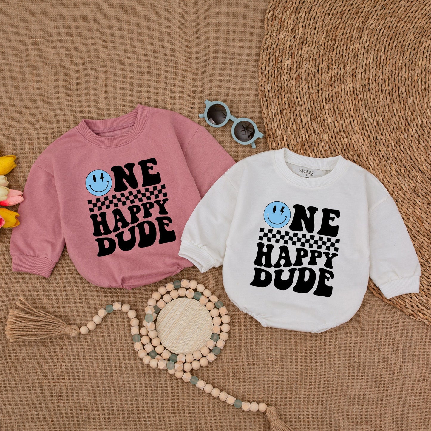 Personalized Blue One Happy Dude Romper Custom Name Smiley Face Birthday Outfit for Baby Boys First Birthday Celebration Cake Smash