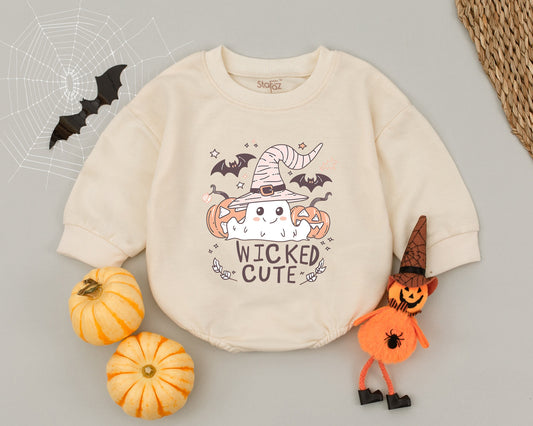 Wicked Cute Ghost Romper: Halloween Baby Outfit for Spooky Fun! Pastel Colors, Witch Hat, Pumpkins & Bats Infant Clothes 1st Halloween Costume 138char