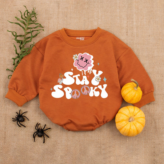 Stay Spooky Halloween Baby Romper Outfit Retro Groovy First Halloween Clothes Infant Bodysuit Cute Pink Cloud Mushroom Design Fall Baby Clothes Gift 138