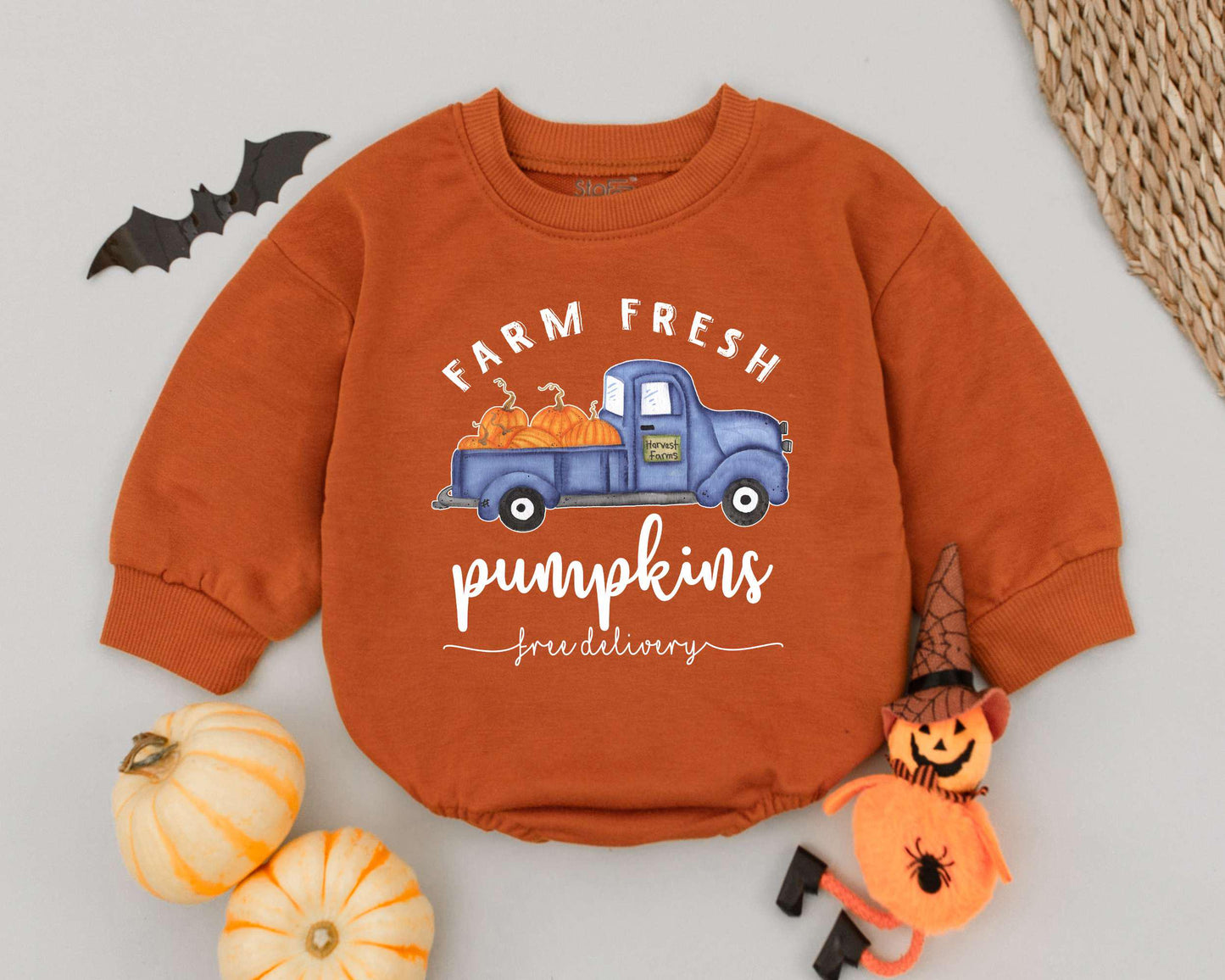 Cute Retro Halloween Romper: Farm Fresh Pumpkin Baby Outfit