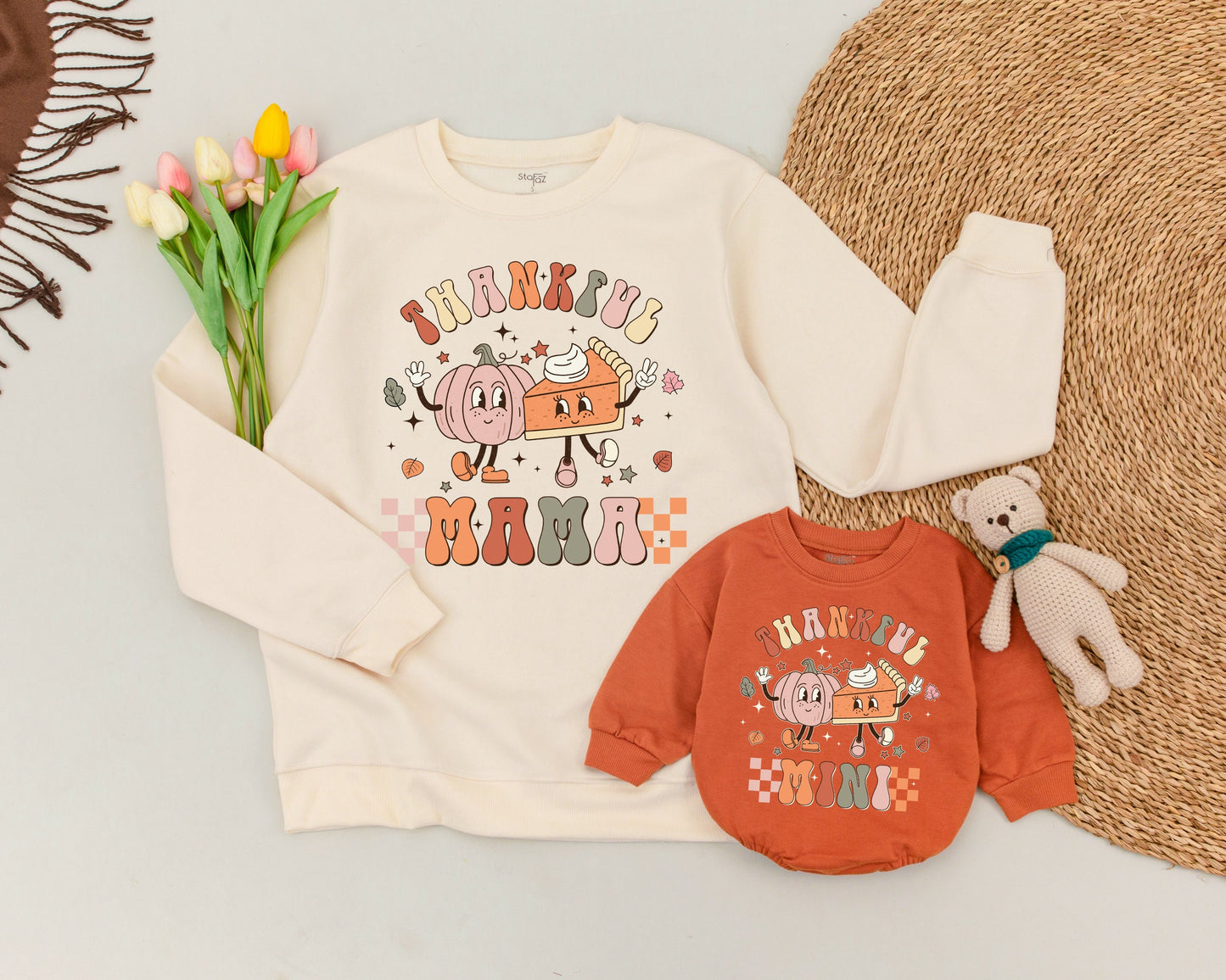 Retro Thankful Mama and Mini Matching Thanksgiving Outfits Pumpkin Pie Fall Leaves Stars Family Holiday Celebration
