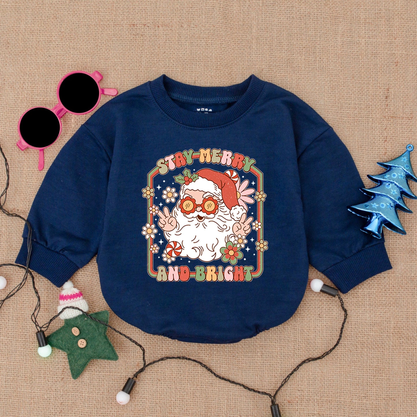 Merry Bright Santa Bubble Romper - Retro Christmas Baby Bodysuit