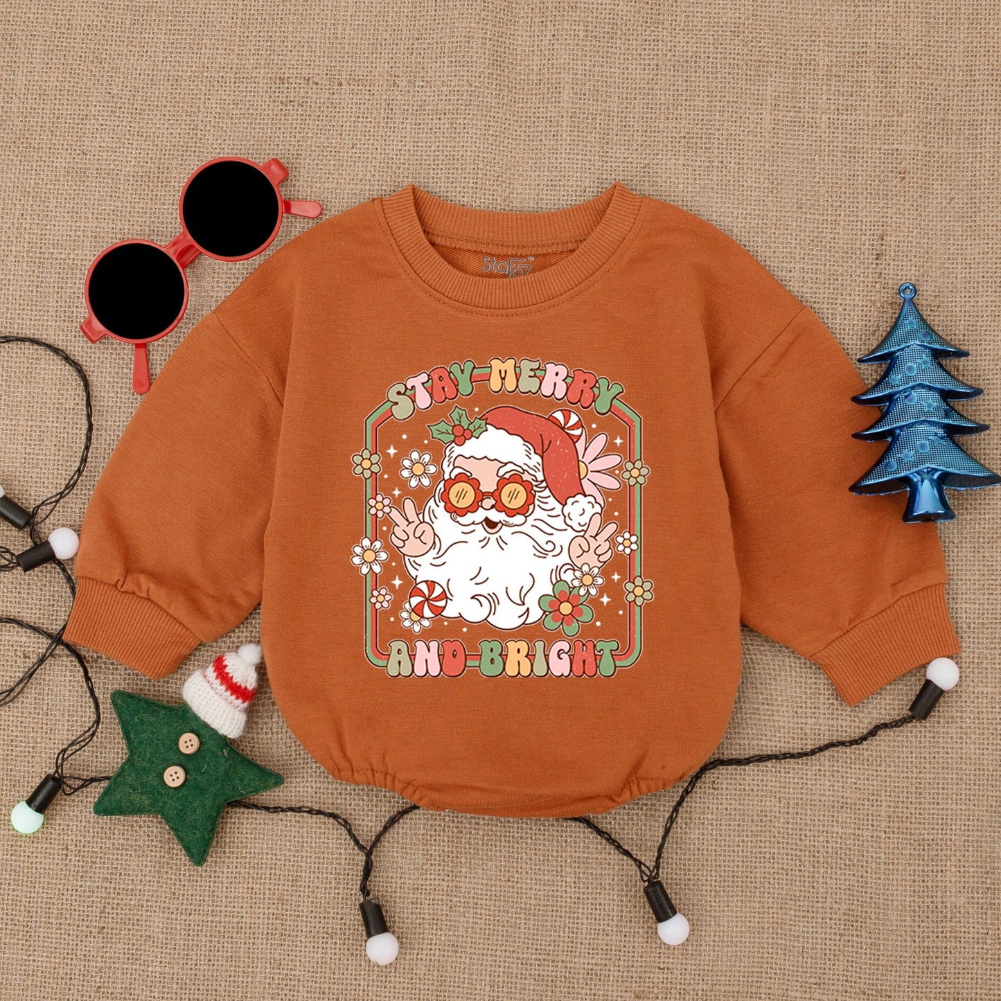 Merry Bright Santa Bubble Romper - Retro Christmas Baby Bodysuit