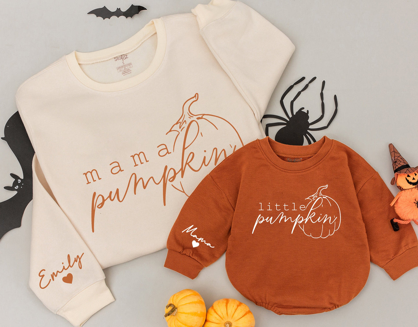 Custom Mama Little Pumpkin Matching Fall Outfit Set with Name & Heart, Brown Handwritten Sweatshirt & Baby Romper, Cute Festive Gift