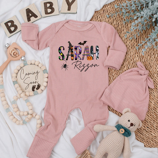 Personalized Halloween Baby Romper - Sarah's Spooky Season Outfit, Custom Name Long Sleeve Romper, Soft Cotton Newborn Gift, Girls & Boys, Fall Fun 139