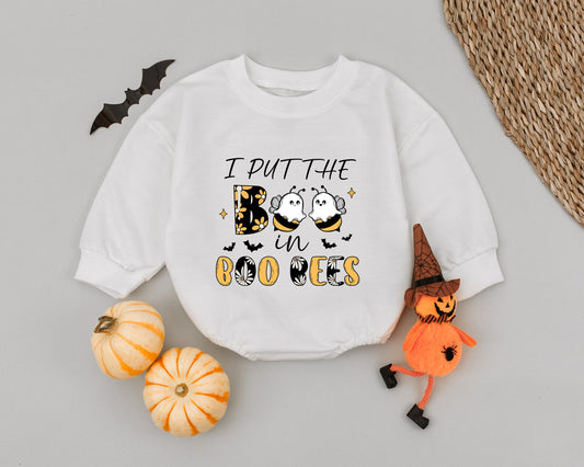 I Put The Boo in Boo Bees Baby Romper First Halloween Ghost Bee Costume Girls Boys Cute Newborn Outfit Floral Bat Design Black White Gold