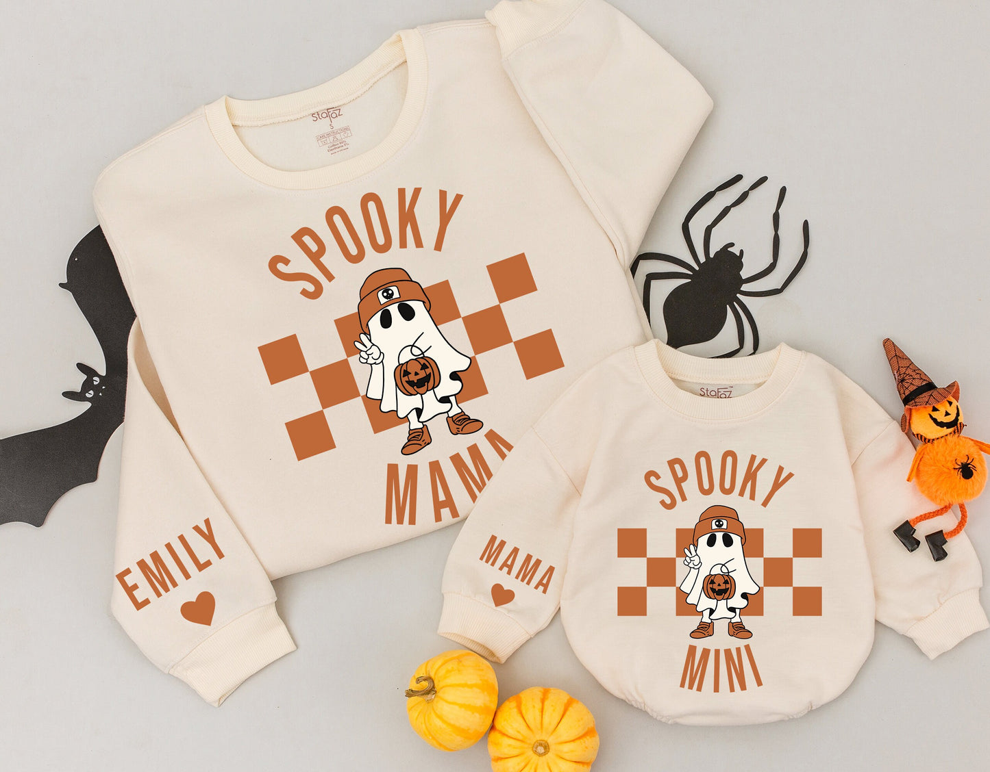 Spooky Mama and Mini Ghost Sweatshirts Matching Family Halloween Outfits Cute Pumpkin Design Comfy Fall Sweaters for Mom Halloween Gifts 1st Boo Season