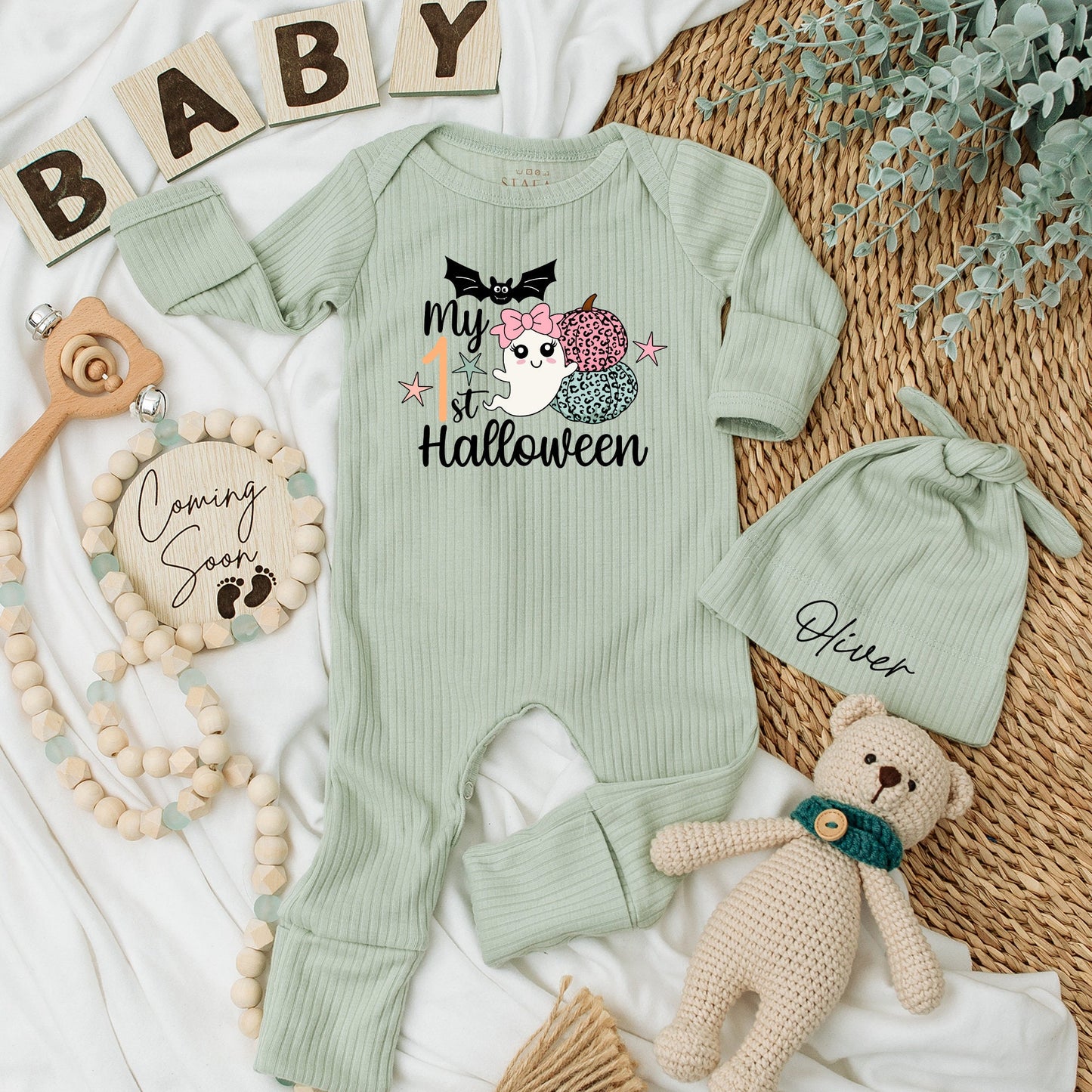 My 1st Halloween Baby Bodysuit & Hat Set Cute Bat Ghost Pumpkins Newborn Girl Baby Shower Gift Long Sleeve Announcement Outfit
