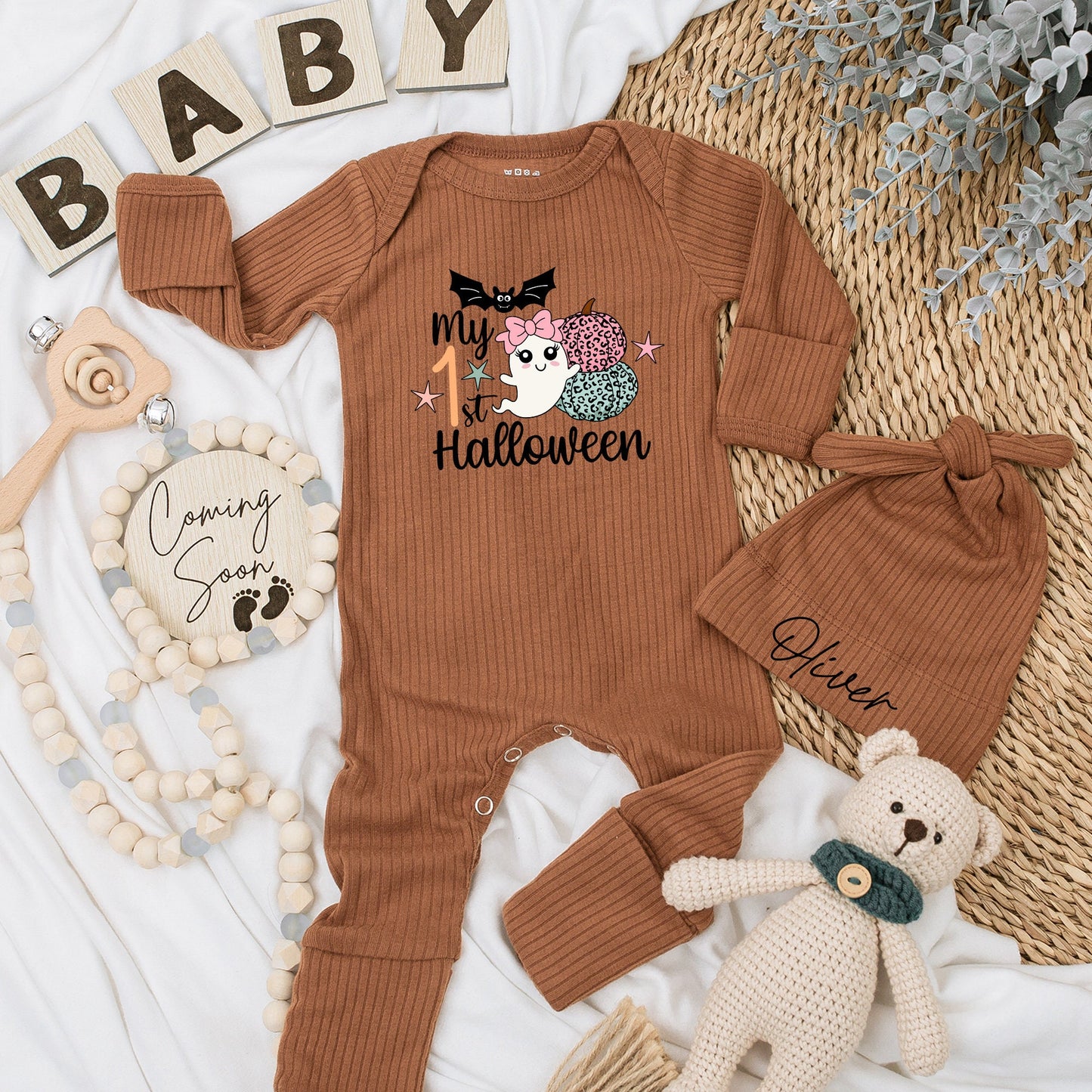 My 1st Halloween Baby Bodysuit & Hat Set Cute Bat Ghost Pumpkins Newborn Girl Baby Shower Gift Long Sleeve Announcement Outfit