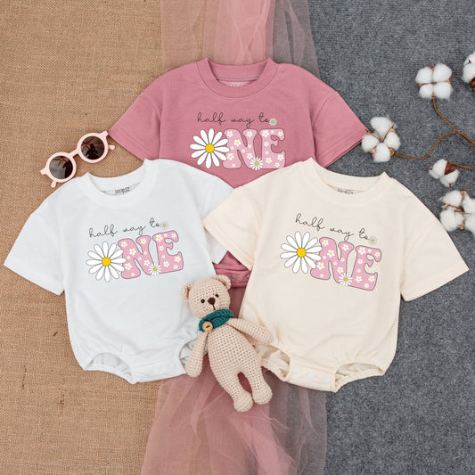 Lexi Half Birthday Outfit: Daisy 'Half Way to ONE' Romper & 1/2 Daisy Bodysuit for Girls, Cute Floral Birthday Clothes