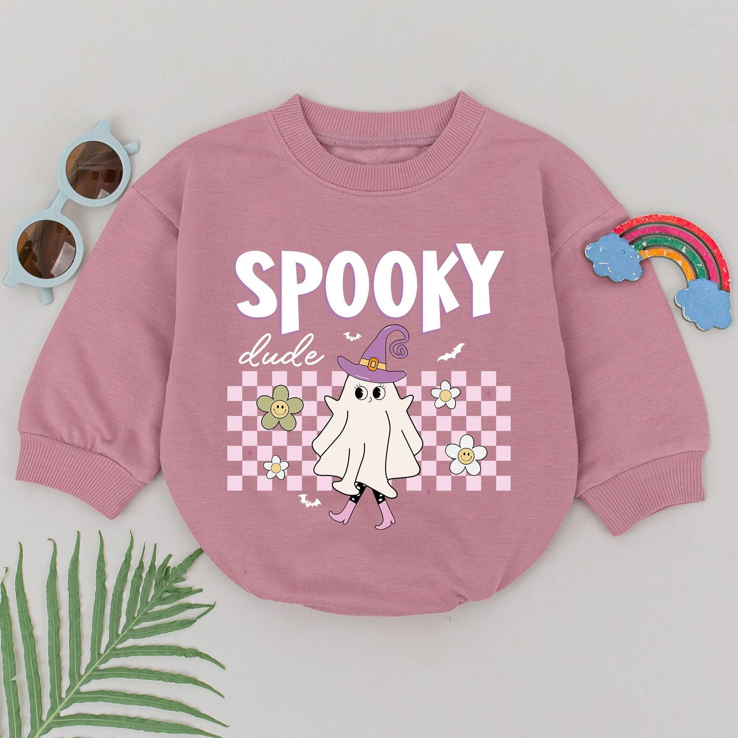 Spooky Dude Baby Romper First Halloween Cute Ghost Outfit Girls Boys Pink Retro Checkered Flowers Bats Whimsical Newborn Gift