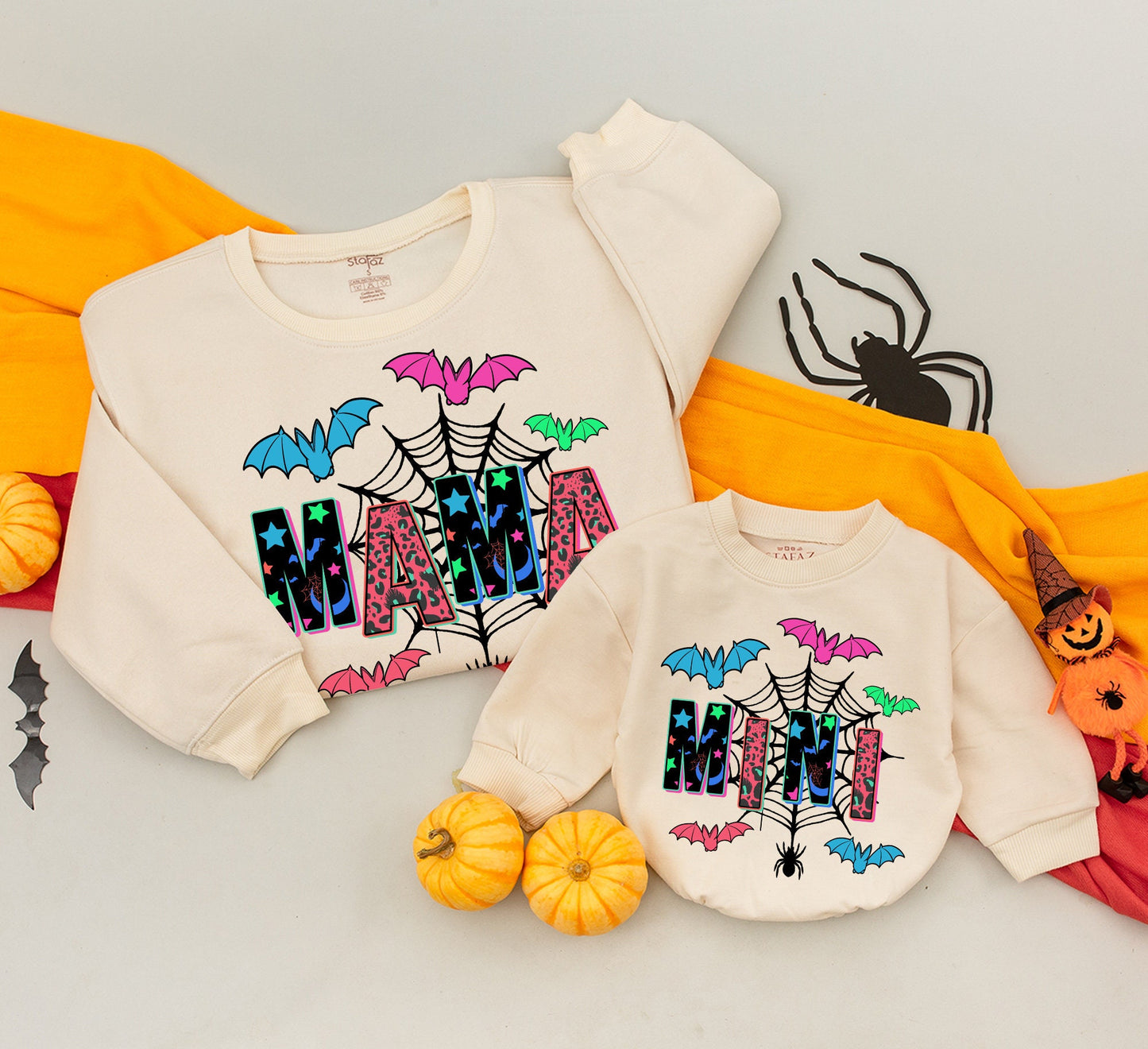 Mama and Mini Matching Halloween Sweatshirts, Spooky Fall Leopard Star Design, Vibrant Neon Spiderweb Bat Print Family Outfit