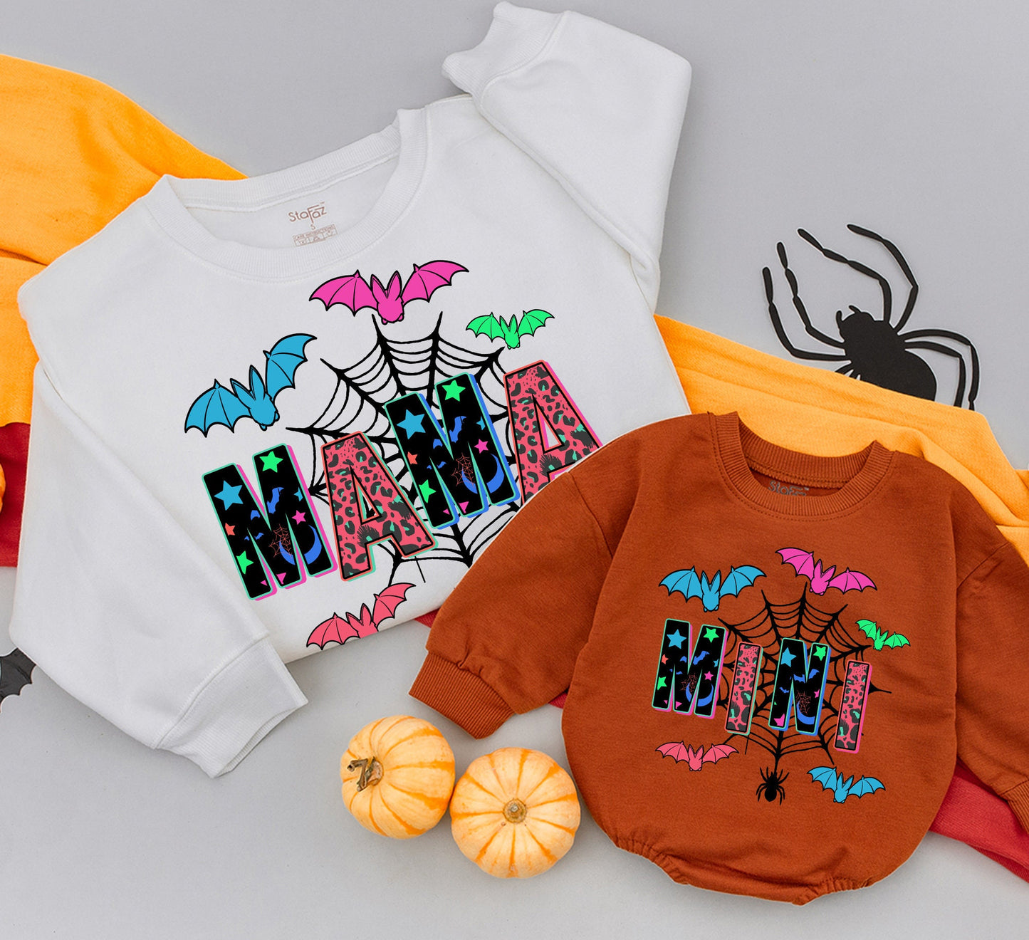 Mama and Mini Matching Halloween Sweatshirts, Spooky Fall Leopard Star Design, Vibrant Neon Spiderweb Bat Print Family Outfit
