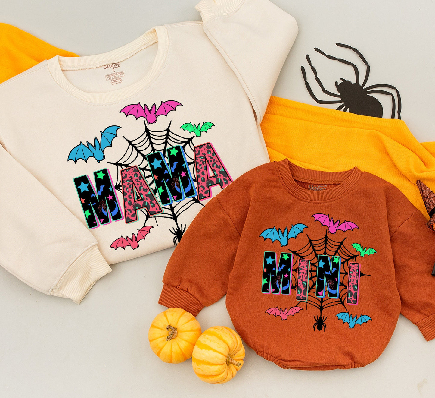Mama and Mini Matching Halloween Sweatshirts, Spooky Fall Leopard Star Design, Vibrant Neon Spiderweb Bat Print Family Outfit