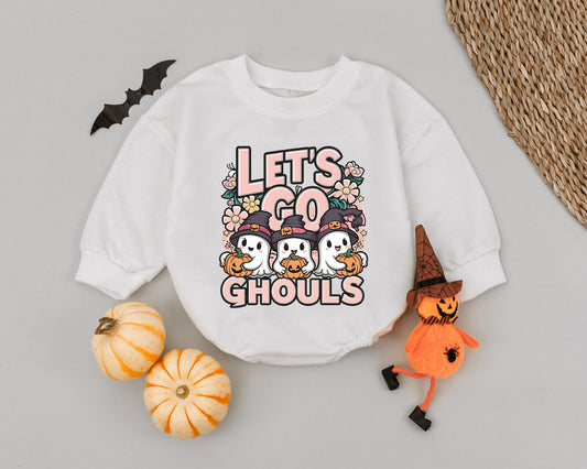 Let's Go Ghouls Halloween Baby Romper Outfit, Ghost & Pumpkin Design, Fall Toddler Clothes, Spooky Season Newborn Girl/Boy Costume