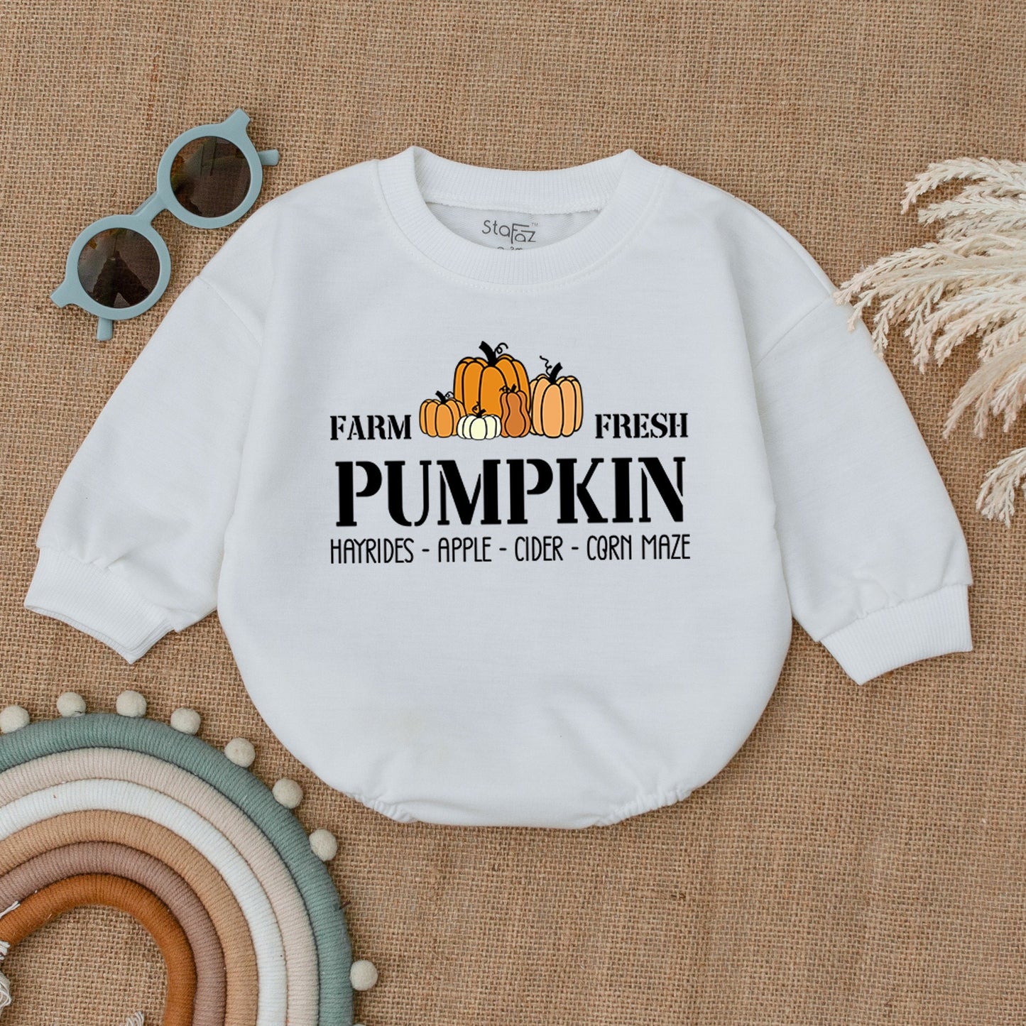 Farm Fresh Pumpkin Patch Romper, Groovy Fall Baby Outfit, Thanksgiving Bodysuit for Hayrides, Cider, Corn Maze, Cute Autumn Clothes for Baby (138 chars)
