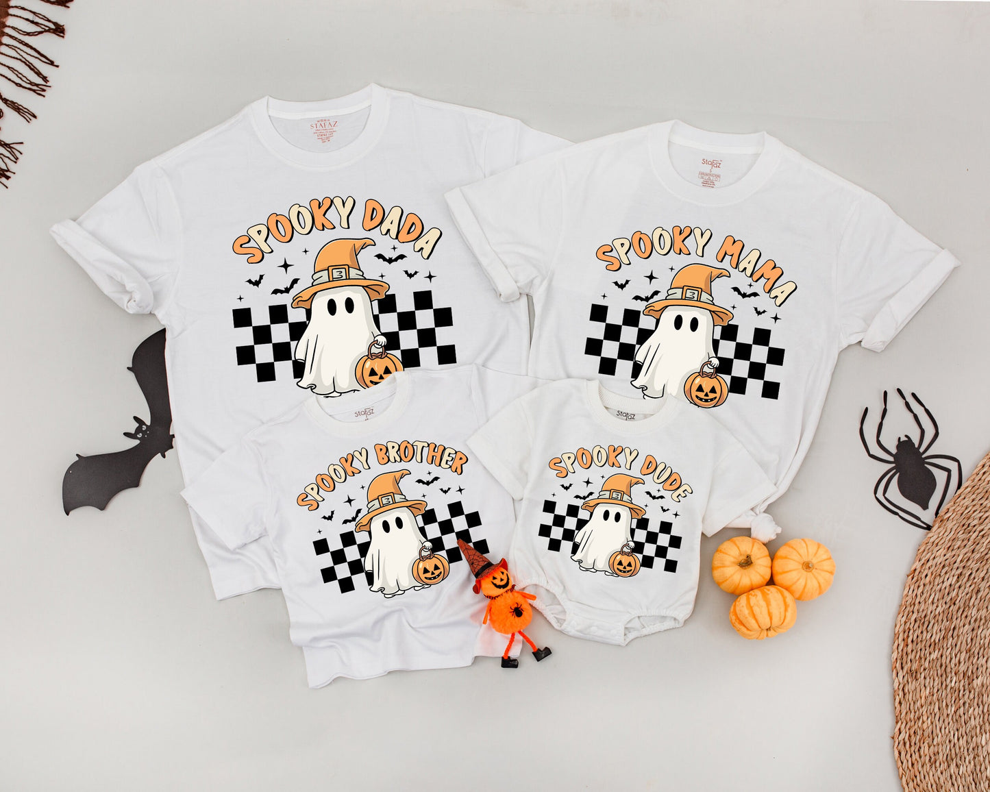Spooky One Birthday T-Shirt Ghost Halloween Matching Mommy and Me Family Outfits Retro Orange Design with Bat and Star Accents