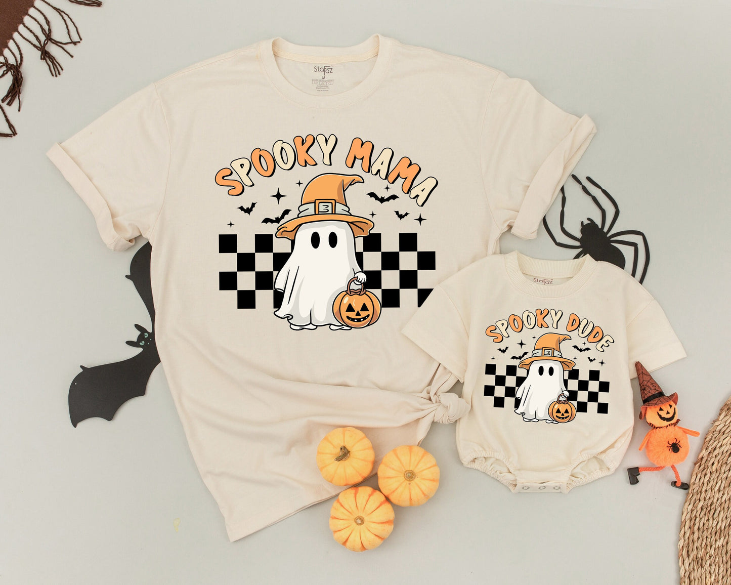 Spooky One Birthday T-Shirt Ghost Halloween Matching Mommy and Me Family Outfits Retro Orange Design with Bat and Star Accents