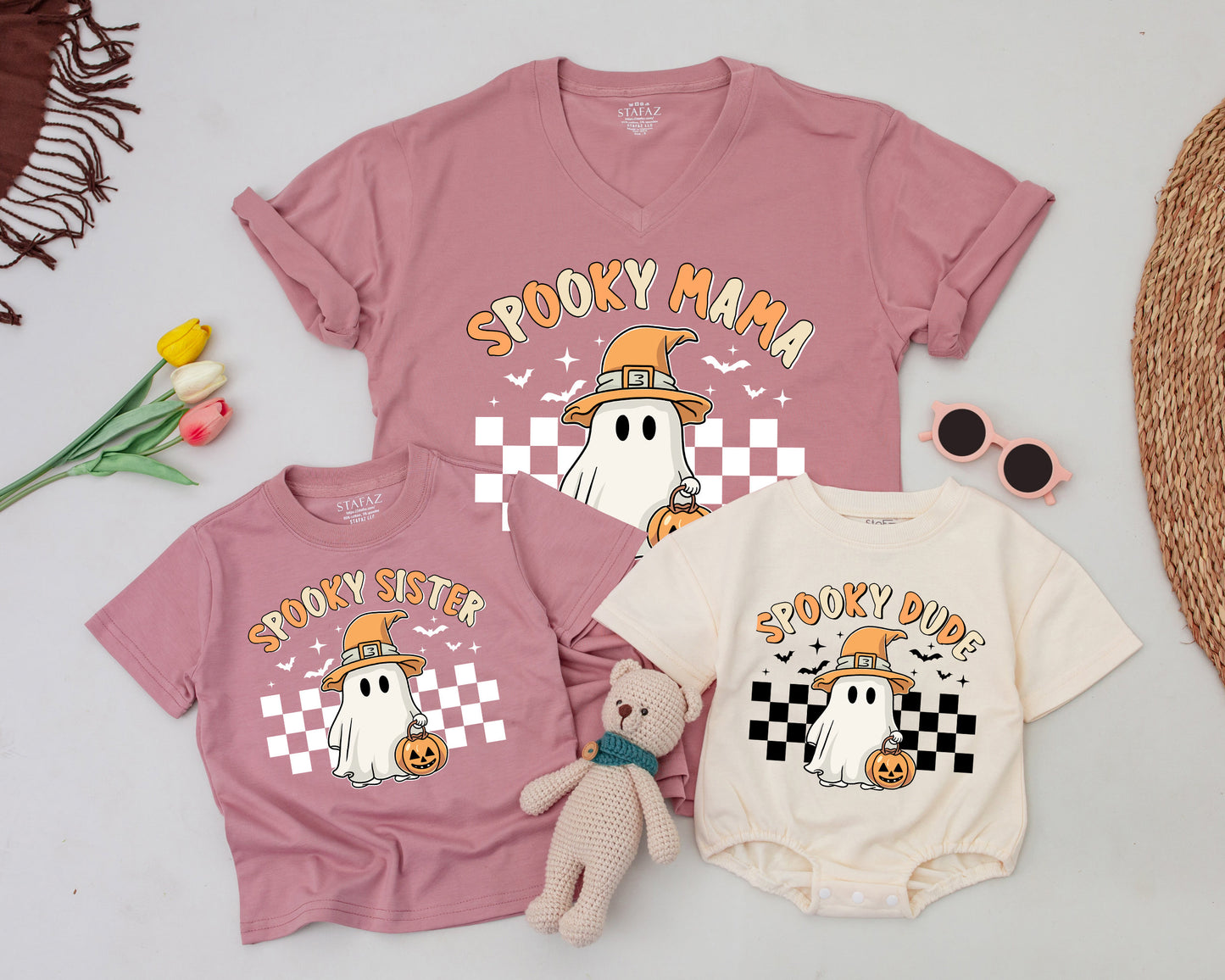 Spooky One Birthday T-Shirt Ghost Halloween Matching Mommy and Me Family Outfits Retro Orange Design with Bat and Star Accents