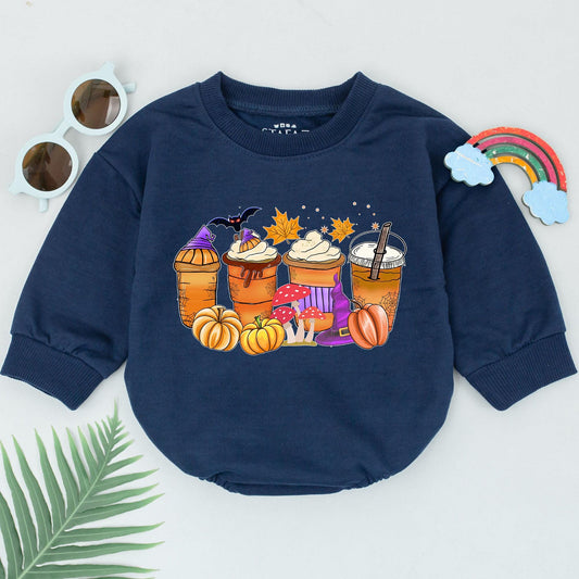 Cute Halloween Coffee Cup Romper Baby's First Halloween Outfit Spooky Season Gift for Boys Newborn Infant Fall Festive Orange Brown