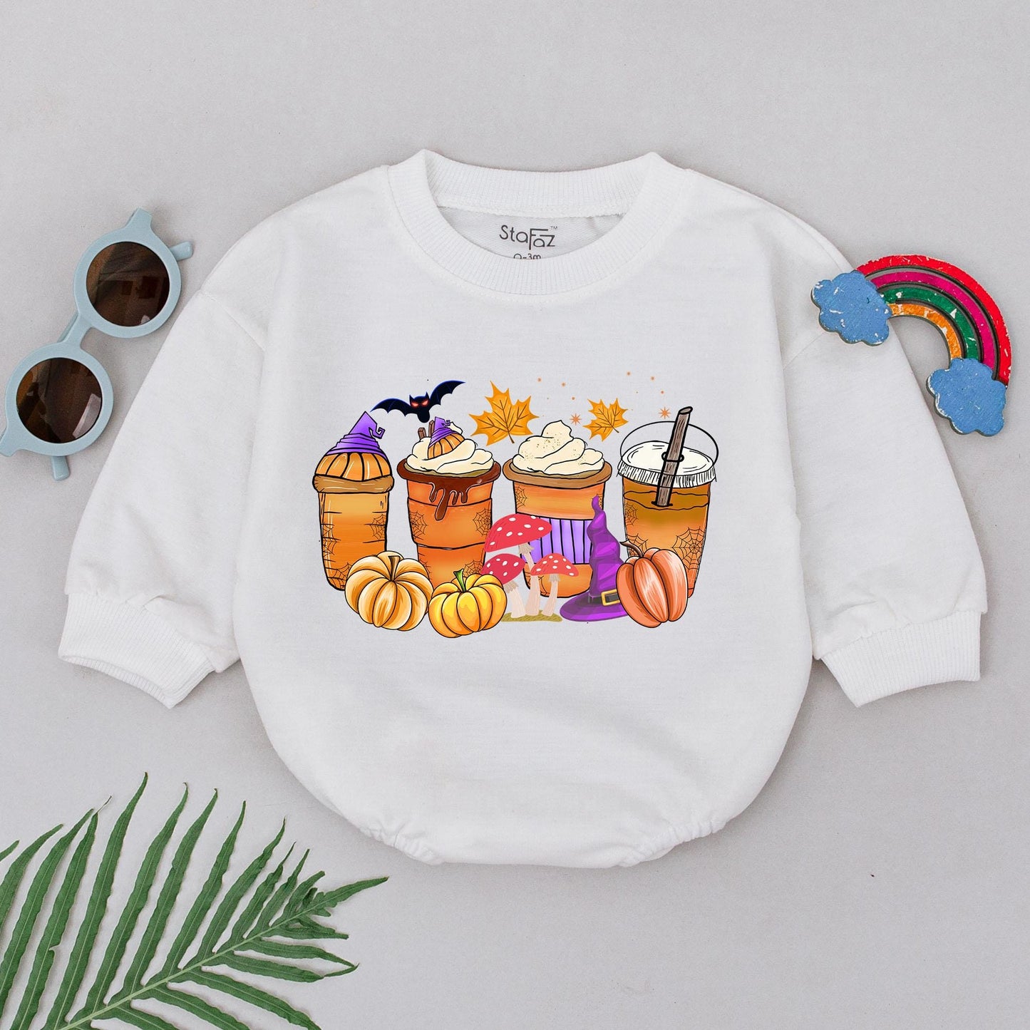 Cute Halloween Coffee Cup Romper Baby's First Halloween Outfit Spooky Season Gift for Boys Newborn Infant Fall Festive Orange Brown