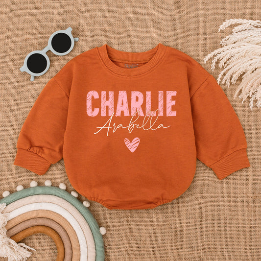 Personalized Charlie & Arabella Romper - Custom Baby Girl Clothes with Names, Heart Graphic, Cute Baby Shower Gift Bodysuit, Stylish Playful Outfit (139 chars)