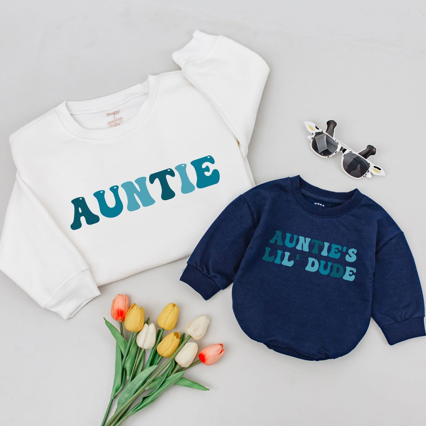 Auntie & Lil' Dude Matching Sweatshirts: Retro Teal & Blue Design, Gift for Aunt, Baby Boy, Birthday