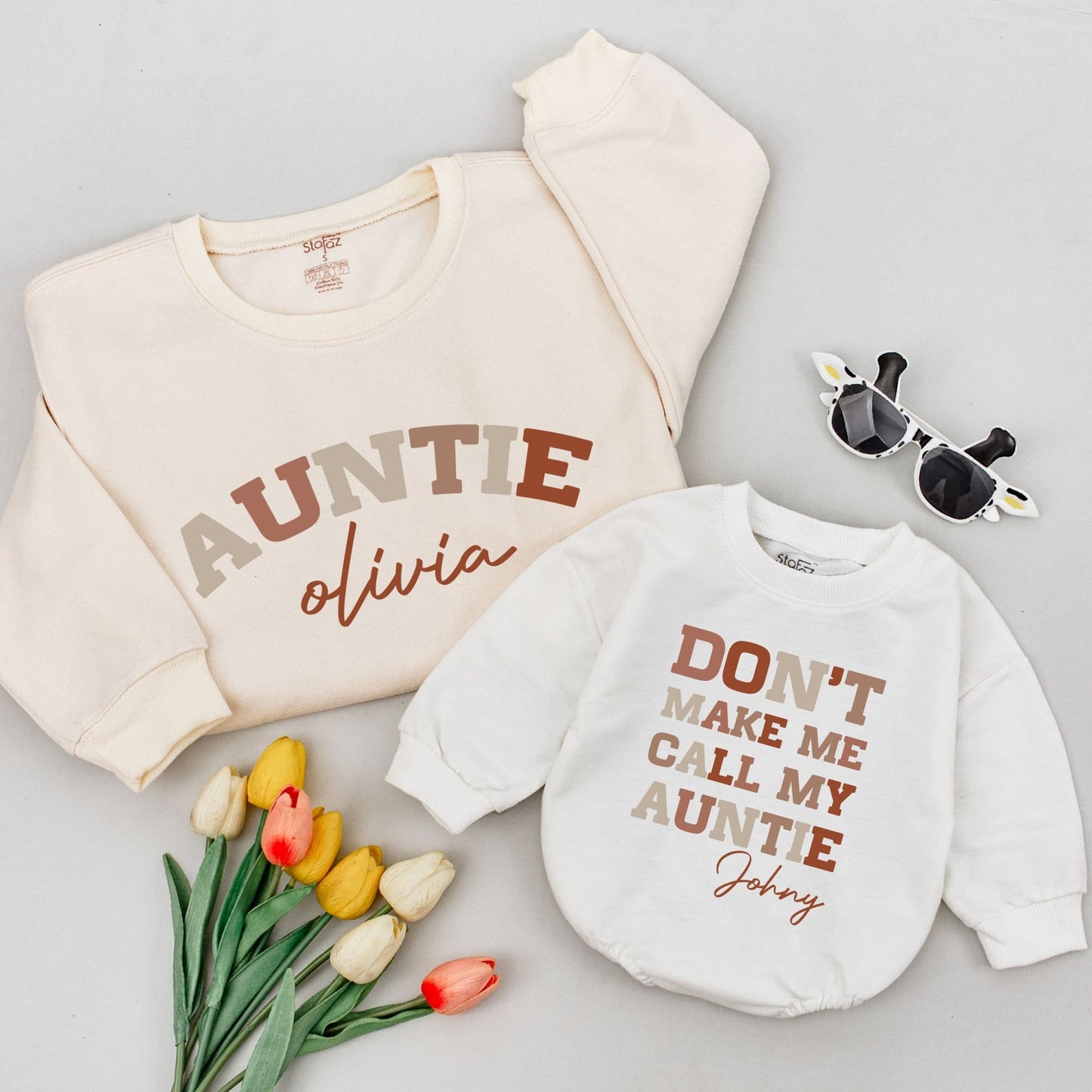 Auntie & Olivia Matching Shirt Set - Don't Make Me Call My Auntie, Johny - Custom Family Auntie's Bestie Newborn Gift Cute Playful Casual Style