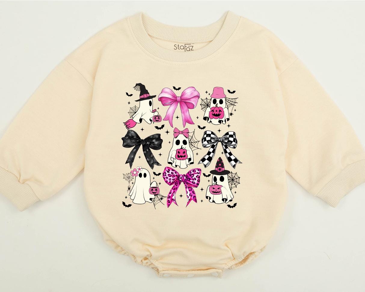 Cute Ghost & Bows Halloween Baby Romper Outfit | First Halloween Toddler Sweatshirt with Pink & Black Accents, Festive Cotton Bubble Romper 138