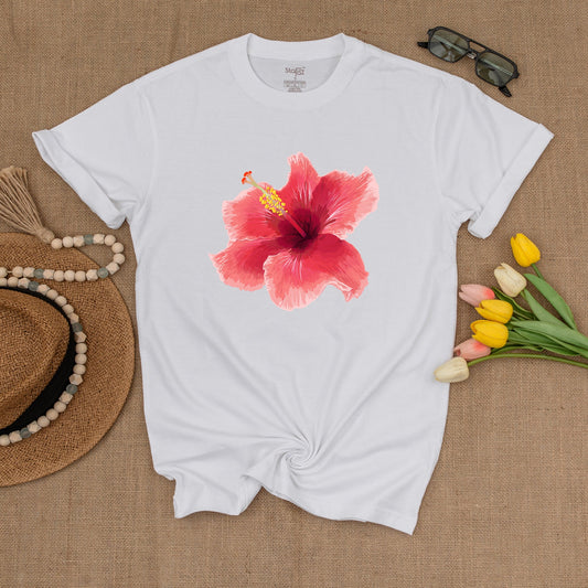 Y2K Pink Hibiscus Graphic Tee, Trendy 90s Unisex Floral Shirt