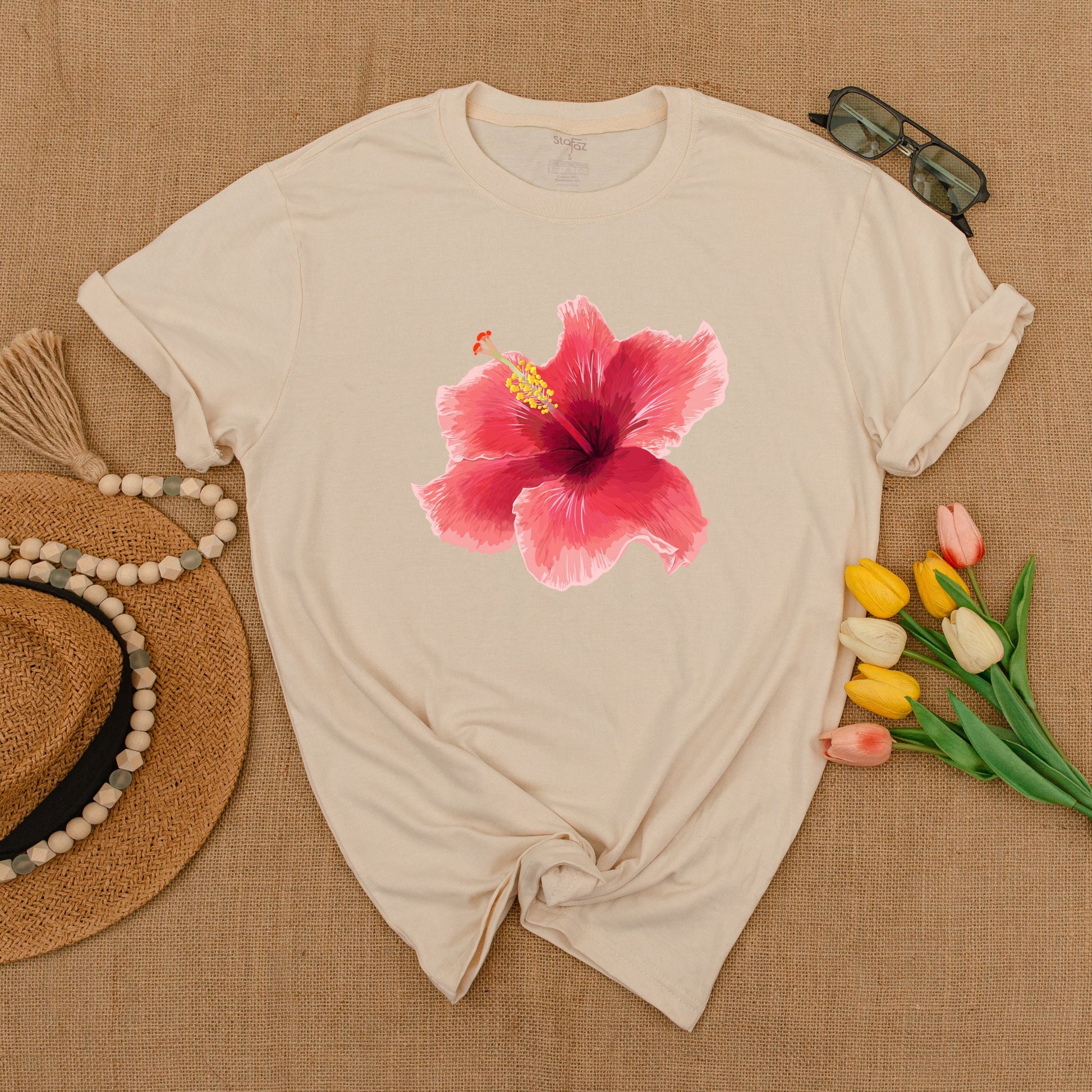 Y2K Pink Hibiscus Graphic Tee, Trendy 90s Unisex Floral Shirt