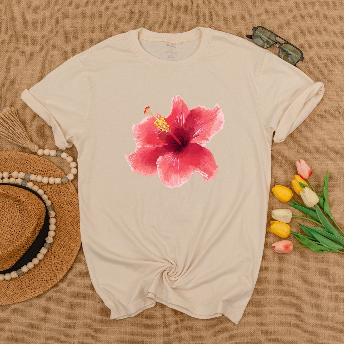 Y2K Pink Hibiscus Graphic Tee, Trendy 90s Unisex Floral Shirt