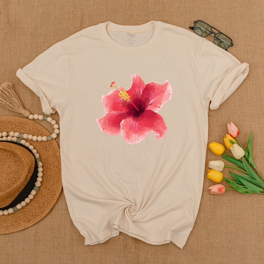 Y2K Pink Hibiscus Graphic Tee, Trendy 90s Unisex Floral Shirt