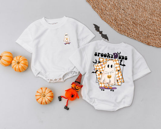 My First Halloween Spooky Dude Romper Retro Ghost Skateboard Orange Checkered Baby Bodysuit Infant Boys Girls Vintage Stars Bats Pumpkin Outfit