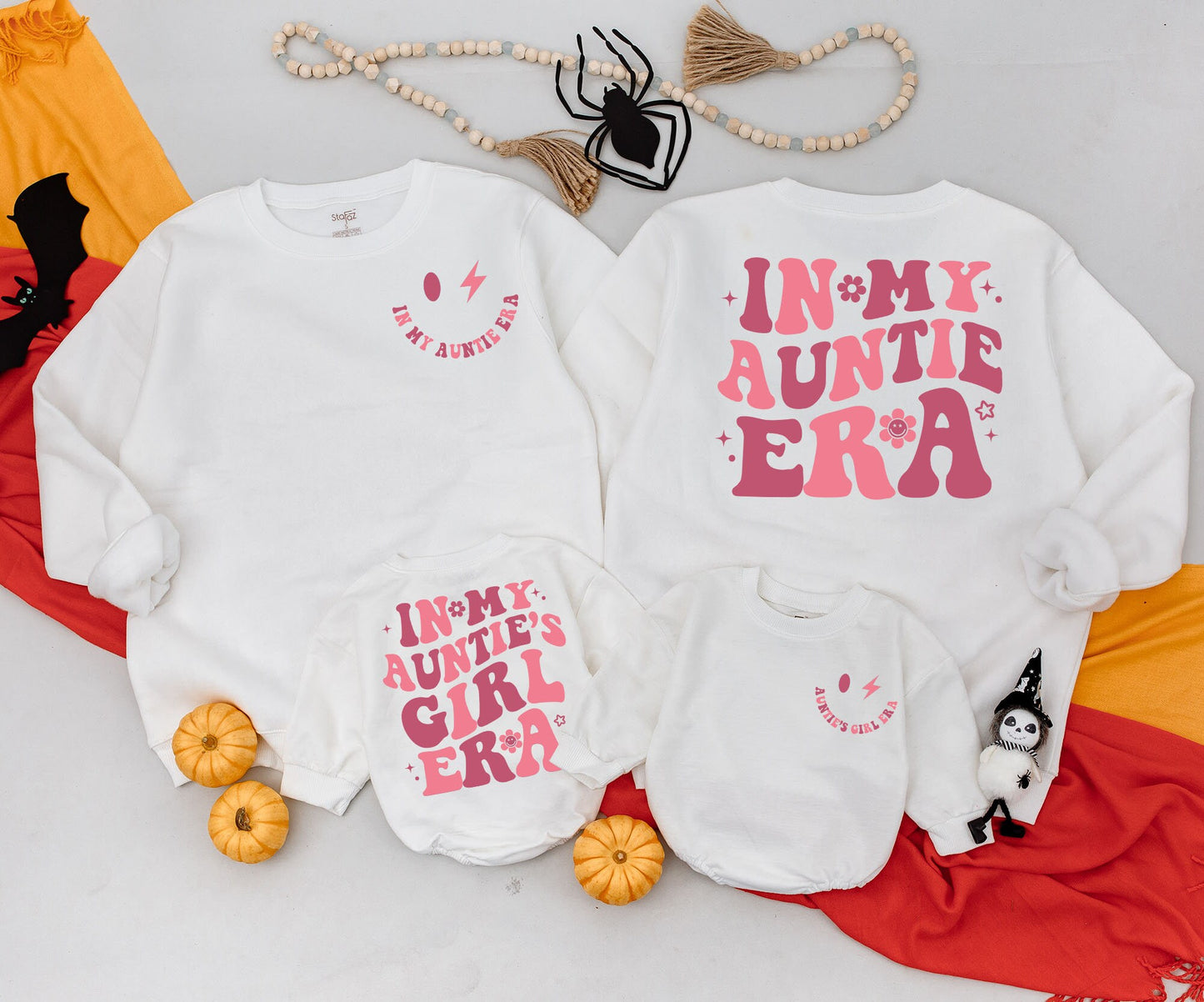 "In My Auntie Era" Matching Outfit, Retro Pink Wavy Text Auntie Sweatshirt and "Auntie's Girl" Baby Romper Gift Set with Stars & Smiley