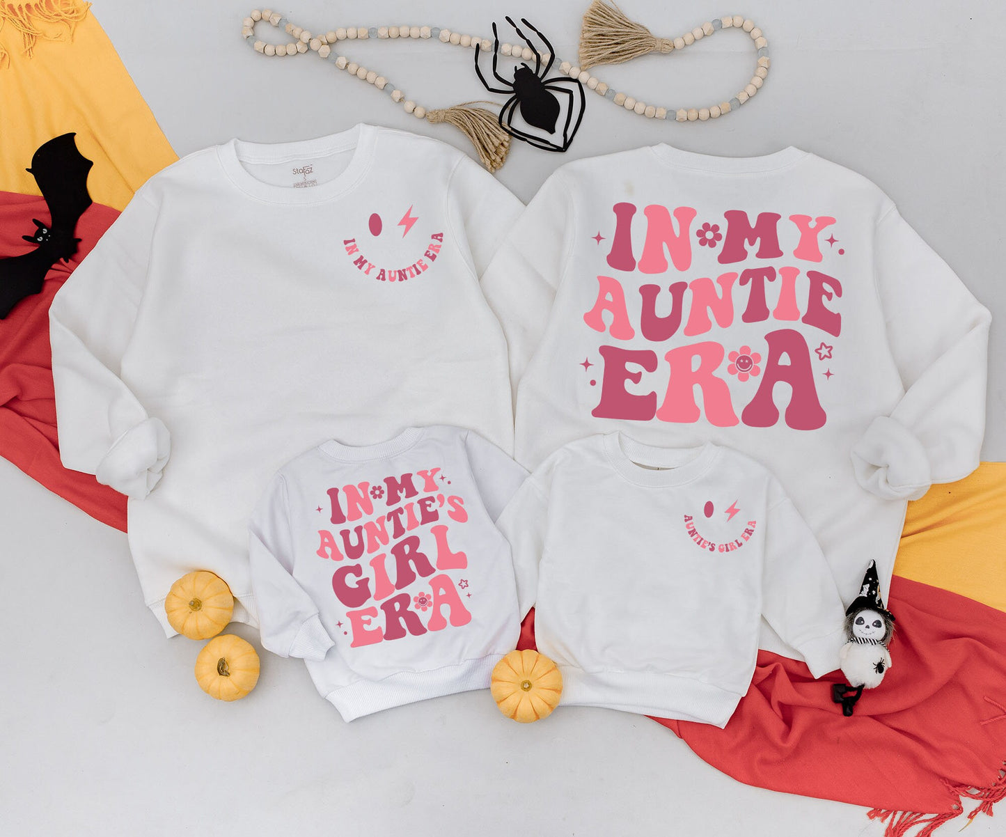 "In My Auntie Era" Matching Outfit, Retro Pink Wavy Text Auntie Sweatshirt and "Auntie's Girl" Baby Romper Gift Set with Stars & Smiley