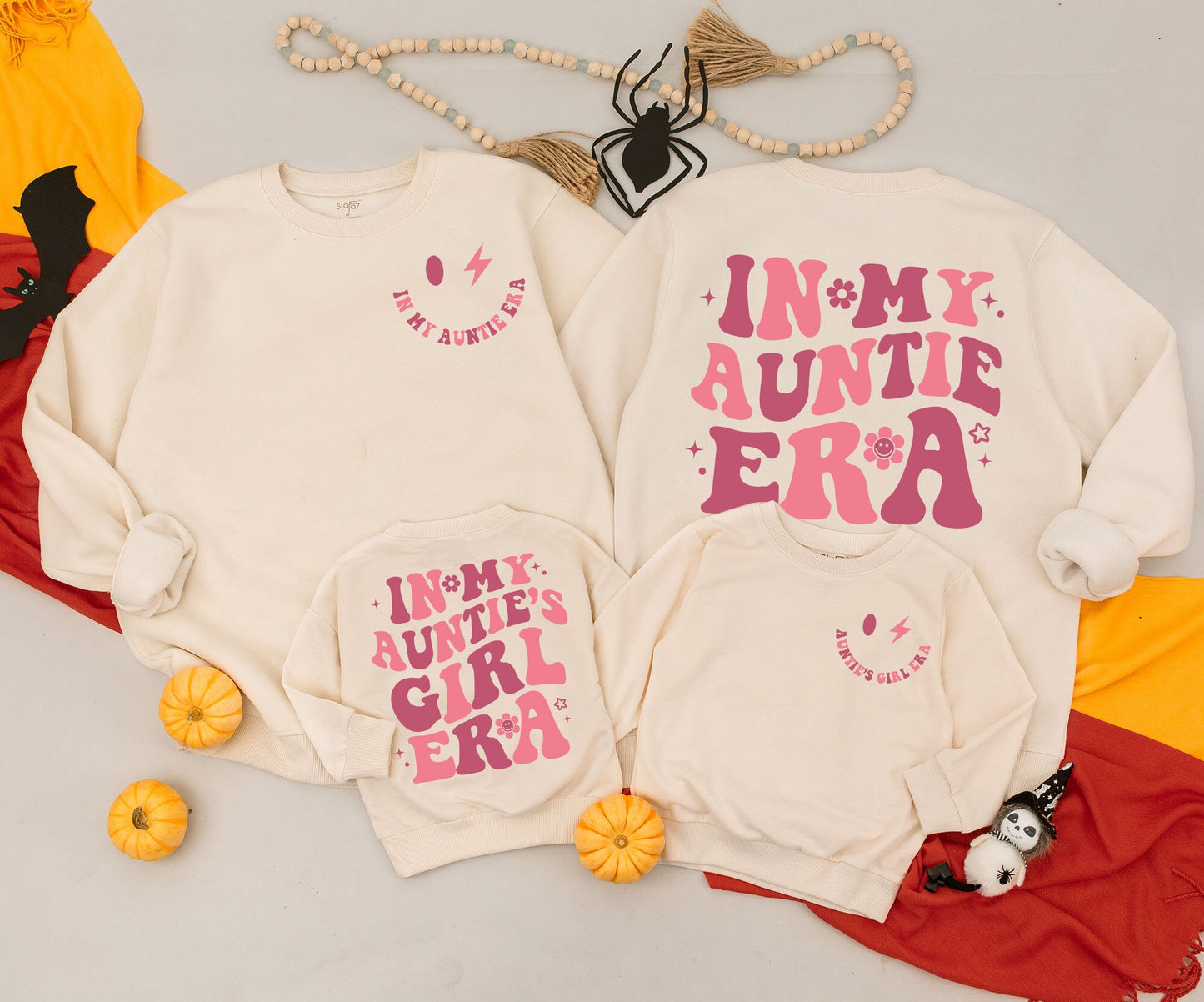"In My Auntie Era" Matching Outfit, Retro Pink Wavy Text Auntie Sweatshirt and "Auntie's Girl" Baby Romper Gift Set with Stars & Smiley