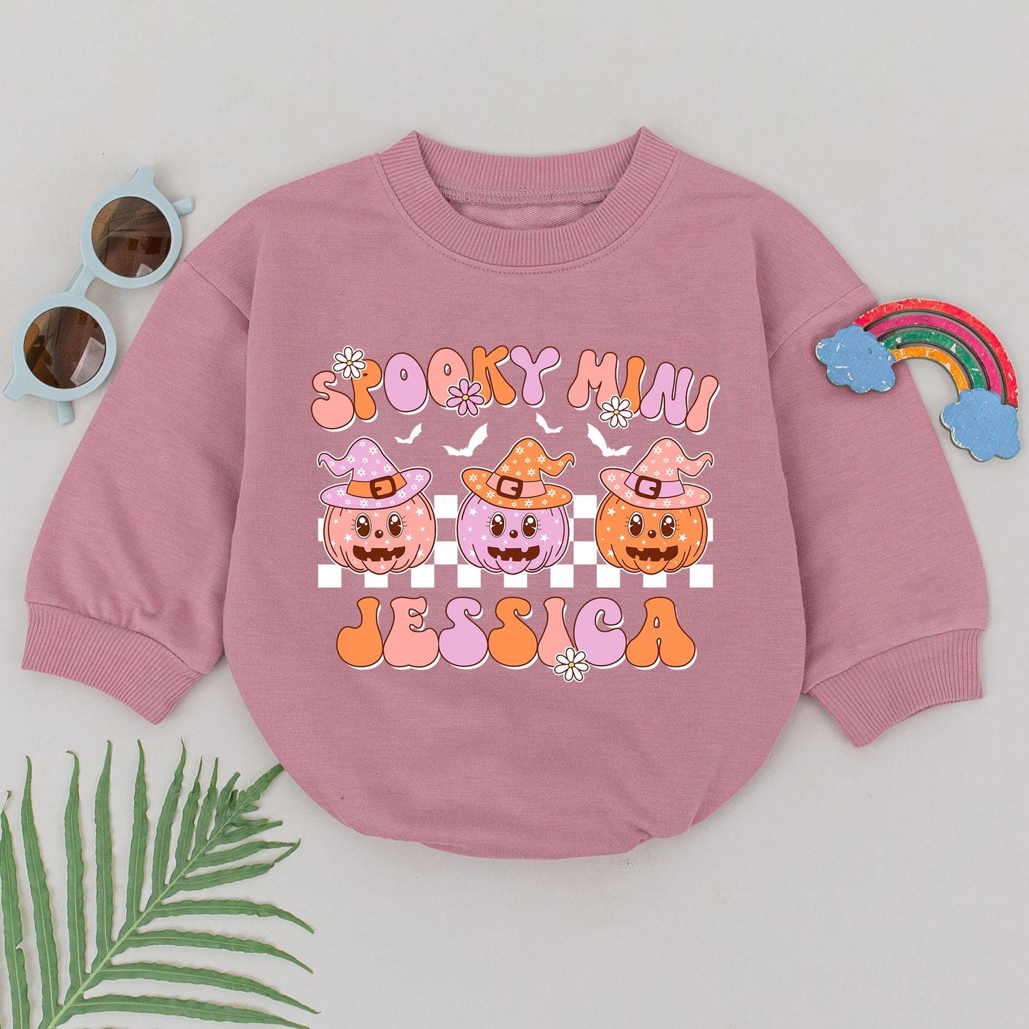 Personalized Spooky Mini Baby Romper First Halloween Girl Outfit Retro Pink Orange Pumpkin Witch Hat Checkered Baby Shower Gift Cute Fall Spooky Season Gift Newborn