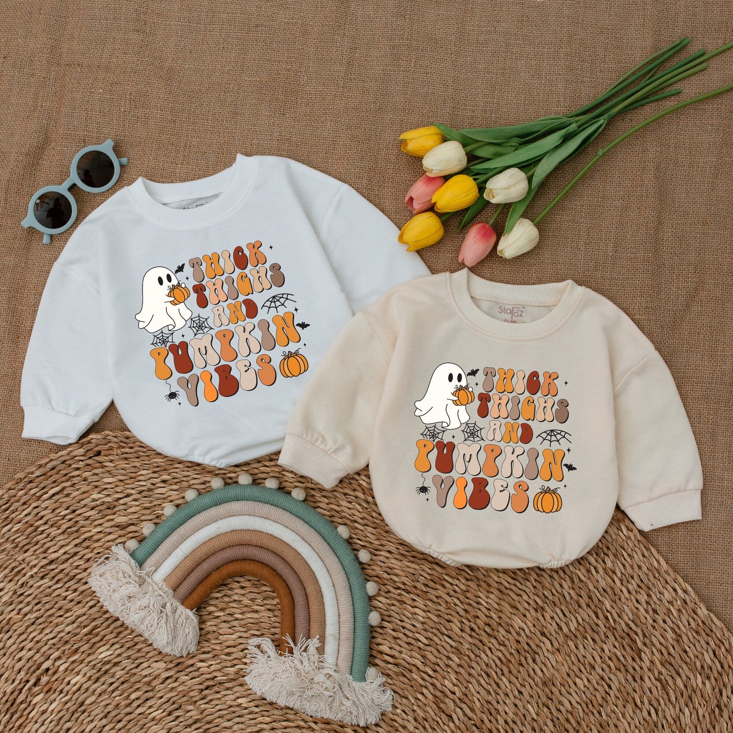 Pumpkin Vibes Baby Romper, Thick Thighs Halloween Ghost Bodysuit, Funny Fall Outfit, Spooky Season Baby Shower Gift, Cute Trick or Treat Costume 138 Chars