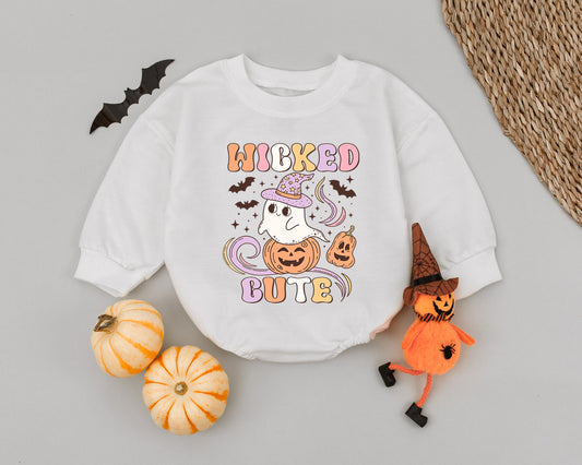 Wicked Cute Ghost Baby Romper Retro Halloween Outfit Whimsical Vintage Ghost Jack-o-lantern Baby Shower Gift Infant Bubble Romper Fall