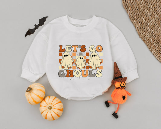 Let's Go Ghouls Baby Romper Groovy Halloween Outfit Retro Ghost Costume Fall Clothes Toddler Girl Boy Infant Shower Gift Brown Orange Cream Spiderwebs (138)