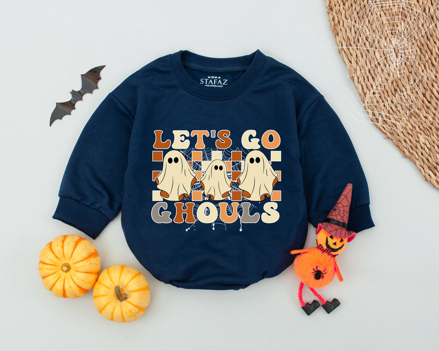 Let's Go Ghouls Baby Romper Groovy Halloween Outfit Retro Ghost Costume Fall Clothes Toddler Girl Boy Infant Shower Gift Brown Orange Cream Spiderwebs (138)