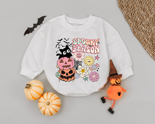 Spooky Season Pumpkin Cat Baby Romper Cute Halloween Outfit Toddler Fall Clothes Newborn Bodysuit Bubble Romper Pastel Flowers Candy Spiderweb Bat Silhouettes