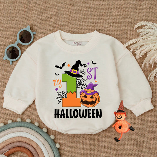 My 1st Halloween Romper Baby Girl Outfit Pumpkin Witch Bodysuit Cartoon Spiderwebs Bats Stars First Halloween Costume Newborn Shower Gift Cute 1 Orange Green