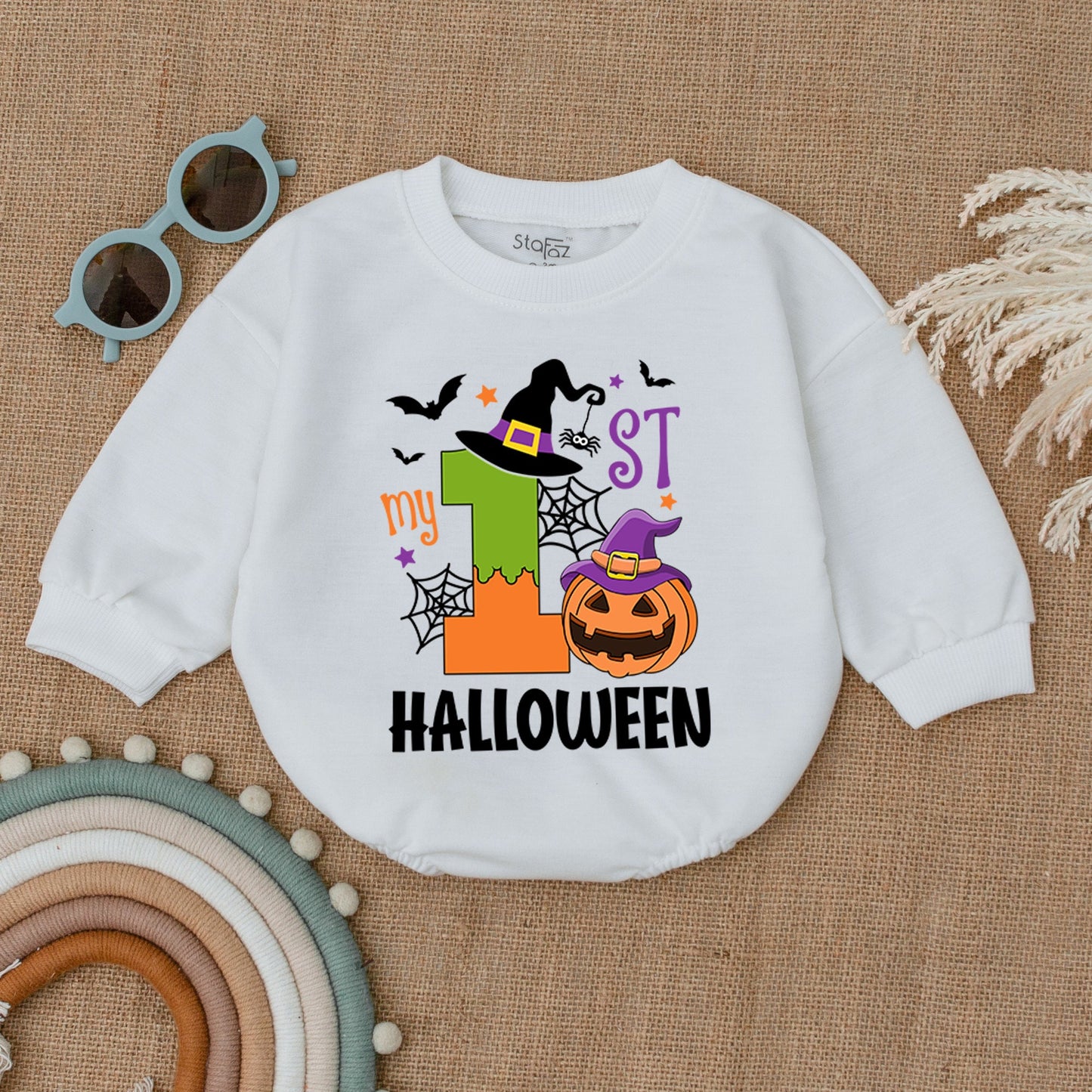 My 1st Halloween Romper Baby Girl Outfit Pumpkin Witch Bodysuit Cartoon Spiderwebs Bats Stars First Halloween Costume Newborn Shower Gift Cute 1 Orange Green