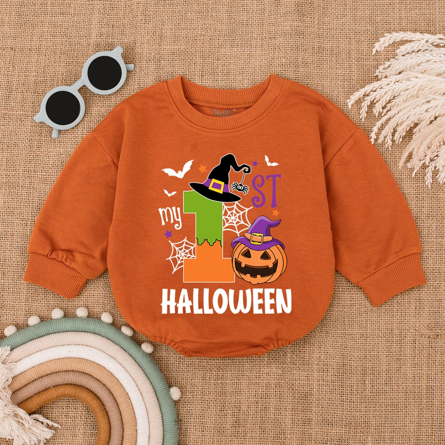 My 1st Halloween Romper Baby Girl Outfit Pumpkin Witch Bodysuit Cartoon Spiderwebs Bats Stars First Halloween Costume Newborn Shower Gift Cute 1 Orange Green